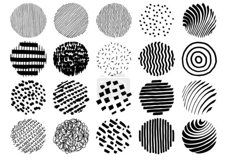 Illustration for Hand drawn round doodle squiggles. Artistic design elements for social media highlights. Doodle sketch patterns in circles. Lines, strips, stripes, waves and curves - Royalty Free Image