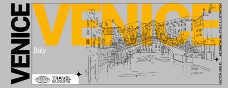 Illustration for Venice, Italy, Europe postcard. Famous Rialto bridge across Grand canal. Artistic Venezia travel sketch drawing on grey background. Modern hand drawn touristic poster in neobrutalism style - Royalty Free Image