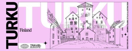 Illustration for Turku, Finland, Europe postcard. Medieval Turku castle retro drawing. Travel sketch on pink background. Modern hand drawn touristic poster, banner,  brutalism style ticket template illustration - Royalty Free Image