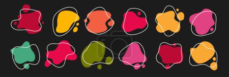 Illustration for Aabstract blob shapes set. Irregular organic flat design elements. Colorful amoeba fleck splotches. Liquid uneven spots. Asymmetric fluid splodge form spots. Amorphous blob silhouette collection - Royalty Free Image