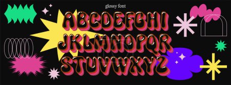 Illustration for Groovy psychedelic shiny alphabet. Contemporary funky hand drawn trippy font. Simple geometric y2k shapes backdrop. Liquid shape ABC. Crazy dope fluid typeface. 70s hippie letters - Royalty Free Image