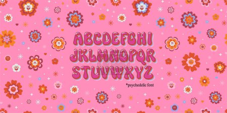 Illustration for Cute psychedelic font on hippie smiling daisy flowers pink Barbiebackground. Cool bold retro childrens design. Groovy vintage 70s style typeface alphabet letters. Hand drawn nostalgic retro acid kids ABC - Royalty Free Image