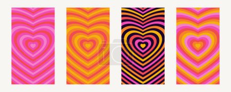 Illustration for Set of hypnotic heart shape tunnels. Groovy style concentric hearts. Bright vintage love wallpapers. Mobile screen size vertical psychedelic 70s banners. Cute retro abstract y2k backgrounds - Royalty Free Image