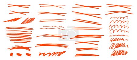 Illustration for Red underline strokes. Brush pen marker Hand drawn strike through lines. Grungy red paint emphasis scribbles isolated on white background. Freehand divider sketch illustration - Royalty Free Image