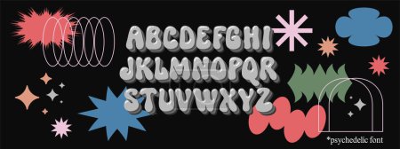 Groovy psychedelic alphabet. Contemporary funky hand drawn trippy font. Simple geometric y2k shapes backdrop. Glossy grey volume ABC. Crazy dope euphoria typeface. Positive vibes hippie letters