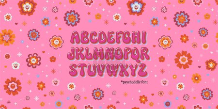 Illustration for Cute psychedelic font on hippie smiling daisy flowers pink Barbie background. Cool retro kids design. Groovy vintage 60s 70s style typeface alphabet letters. Hand drawn nostalgic retro acid ABC - Royalty Free Image