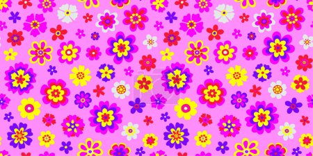 Illustration for Y2k aesthetic barbiecore floral seamless pattern. Contemporary fun psychedelic daisies background. Trippy simple naive daisy flowers repeat texture. Baby style childish pink seamless backdrop - Royalty Free Image