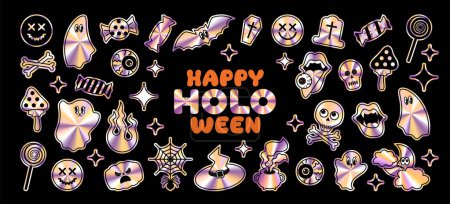 Illustration for Happy Halloween y2k holographic stickers set. Cool bold retro characters: ghost, pumpkin, spider, skull, eye, bat. Funky groovy autumn Halloween holiday stickers. Various emotions in holo style - Royalty Free Image
