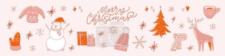 Illustration for Vintage hand drawn Merry Christmas icon doodle set. Retro pink color elements: Spruce, Gifts, Snowman, Reindeer, Hat, Cup, Glove, Sweater, Scarf and Snowflakes. Line art, modern calligraphy - Royalty Free Image
