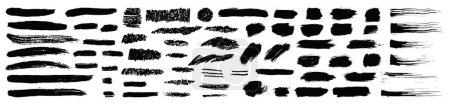 Illustration for Vector paint brush texture strokes. Ink splash smear background set. Paintbrush black charcoal scribble elements collection. Rough crayon art doodles. Pencil lines. Each element is united and isolated - Royalty Free Image