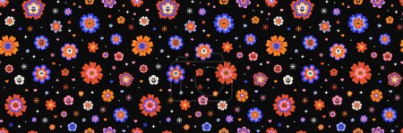 Illustration for Retro groovy trippy daisy psychedelic seamless pattern set. Cute hippy style daisy flowers with emotional faces. Cool bold retro floral repeat background. Positive vibes funky hippie vintage floral repeating print - Royalty Free Image