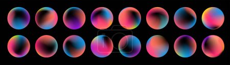 Illustration for Y2k hologram labels, tags, stamps, holo badges and abstract shapes collection. Cosmic planet texture logo mockups. Round iridescent shiny holographic neon icons set - Royalty Free Image