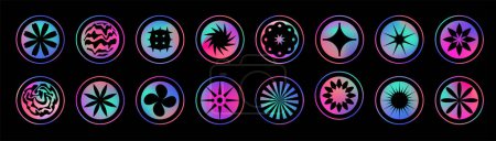Ilustración de Vector y2k 2000s holograma pegatinas. Círculos holográficos redondos de neón borroso. Futurista rave botones vibrantes, resaltan cubiertas con símbolos abstractos, estrellas, chispas, flores. Conjunto de colores vivos modernos de moda para sitio web, interfaz de usuario y UX - Imagen libre de derechos