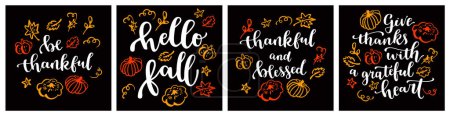 Téléchargez les illustrations : Cartes de Thanksgiving : Hello Fall. Merci et bienheureux. Sois reconnaissante. Remerciez avec un cœur reconnaissant. Ensemble de cartes de vœux vintage calligraphiques modernes d'automne et de Thanksgiving - en licence libre de droit