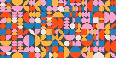 Téléchargez les illustrations : Motif vectoriel Bauhaus sans couture. Fond de motif géométrique dans un style rétro. Des formes abstraites simples en rouge, jaune, bleu et rose. Éléments géométriques papier peint - en licence libre de droit