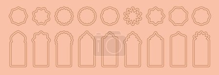 Téléchargez les illustrations : Ensemble vectoriel de portes, portes et fenêtres de mosquée à contour plat. Style oriental Arcs islamiques, étiquettes, modèles de logo. Le Maroc a inspiré des formes simples. icônes de l'architecture indienne. Cadres design vacances musulmanes - en licence libre de droit