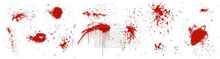 Set of vector grungy hand drawn red blood textures. Lines, circles, liquid paint, smears. Hand drawn bloody elements. Vector grunge isolated spots, punk style splashes, splatter, pray drip texture