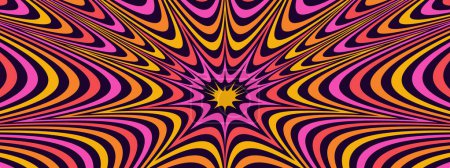 Illustration for Hypnotic dynamite explosion tunnel horizontal banner background. Trendy groovy style bright anime manga comic explosive background. Psychedelic 70s cartoon banner. Cute retro abstract y2k backdrop - Royalty Free Image