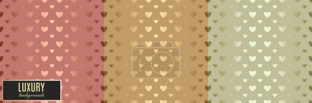 Illustration for Seamless vector golden heart pattern. Valentine's day luxury background textures. Rose, yellow and green gold glitter foil wallpaper set. Glam confetti pattern. Mom love seamless background - Royalty Free Image
