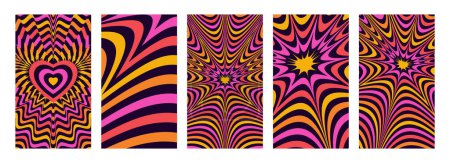Illustration for HeartsSet of hypnotic explosion tunnel story templates. Trendy groovy style bright anime manga comic explosive backgrounds. Mobile screen psychedelic 70s cartoon banners. Cute retro abstract y2k backdrops - Royalty Free Image