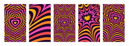 Illustration for Set of hypnotic explosion tunnel story templates. Trendy groovy style bright anime manga comic explosive backgrounds. Mobile screen psychedelic 70s cartoon banners. Cute retro abstract y2k backdrops - Royalty Free Image