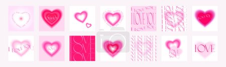 Valentine's Day y2k aesthetic soft pink gradient greeting cards with hearts. Collection of modern y2k aesthetic printable quirky typography designs. Soft feminine vintage feel. Aura print templates