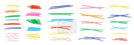 Conjunto de coloridos vectores aislados elementos gráficos infantiles. Pluma texturizada dibujada a mano o pinceladas a lápiz, subrayados, ondas, garabatos tachados, líneas de énfasis y cruces
