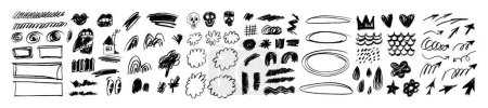 Illustration for Big vector set of crayon hand-drawn childish punk style doodle icons: arrows, swirls, spirals, hearts, mermaid scales, clouds, trees. Grungy kids black scribbled charcoal queen crown, flower, house - Royalty Free Image