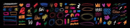 Illustration for Big vector set of crayon hand-drawn childish punk style doodle icons: arrows, swirls, spirals, hearts, mermaid scales, clouds, trees. Grungy kids scribbled colored charcoal queen crown, flower, house - Royalty Free Image