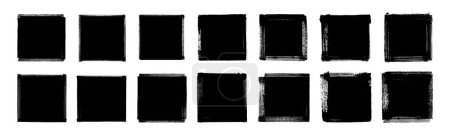 Illustration for Set of vector grunge ink brush stroke hand-painted squares. Black ink abstract geometric shape collection. Grunge punk rough edge frames. Text box black backgrounds. Dirty grungy distressed rectangles - Royalty Free Image