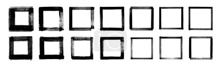 Illustration for Set of vector grunge ink brush stroke hand-painted squares. Black ink abstract geometric shape collection. Grunge punk rough edge frames. Text box black backgrounds. Dirty grungy distressed rectangles - Royalty Free Image