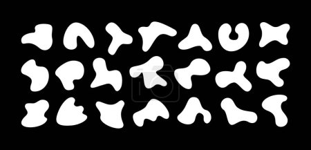 Illustration for Set of vector contemporary amoeba shapes. Free form design elements. 21 white liquid shape silhouettes isolated on black background. Organic freeform pattern illustration - Royalty Free Image