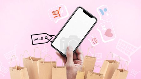 Photo for Shopping online on social media for Mobile Application and Social media marketing digital concept on Pink background for icon like, message, comment, Shopping, friend, digital, banner -3d rendering - Royalty Free Image
