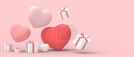 Happy Valentine's Day Greeting Card sells banner and Gift box with heart balloon for mother's day on pink background. Wedding, brochure, Anniversary, birthday, Inspiration, Romantic -3d Rendering