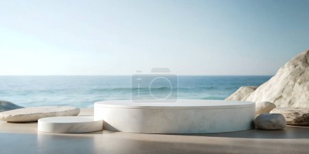 3D podium circle geometric shapes. Promotional ideas for exhibiting products on the beach and rocks in a minimal style in background of afternoon sea. banner, copy space, website, 3d rendering.
