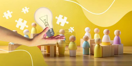 Business Idea Background. Analysis meetings with planning business goals and developing new knowledge in future. Wooden toy, yellow, hands, light bulbs, creativity, jigsaws, processes, 3d rendering