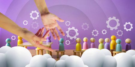 Business Idea Background. Leadership Conference for Online Marketing Business. hand, investment, backlash, purple, Wooden toy, connection, development, 3d rendering