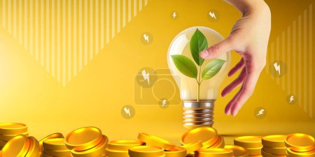 Abstract background. Ideas and light bulbs concept of energy saving for environment and sustainability. Yellow, hand, Innovation, Technology, Environment, Eco, Green, Saving, Energy, 3d rendering