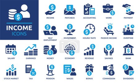 Illustration for Income icon set. Containing money, tax, earnings, payment, accounting, paycheck, work, pension and wages icons. Solid icon collection. Vector illustration. - Royalty Free Image