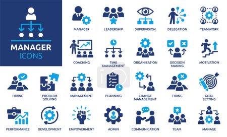 Manager icon set. Containing leadership, supervision, hiring, coaching, management, development, organization, teamwork and delegation icons. Solid icon collection. Vector illustration.