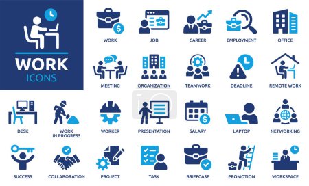 Work icon set. Containing job, career, employment, meeting, organization, teamwork and networking icons. Solid icon collection. Vector illustration.