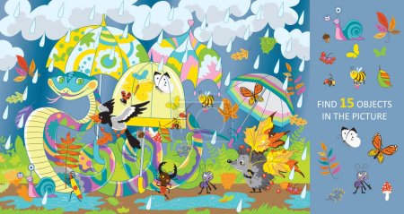 Ilustración de Una serpiente alegre con paraguas protege a sus amigos de la lluvia. Encuentra 15 objetos en la imagen. Puzzle de objetos ocultos. Ilustración vectorial. - Imagen libre de derechos