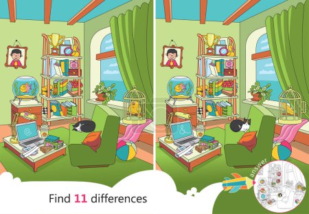 Look carefully at the picture and guess if someone entered the room. Find 11 differences. Educational game for children. Cartoon vector illustration