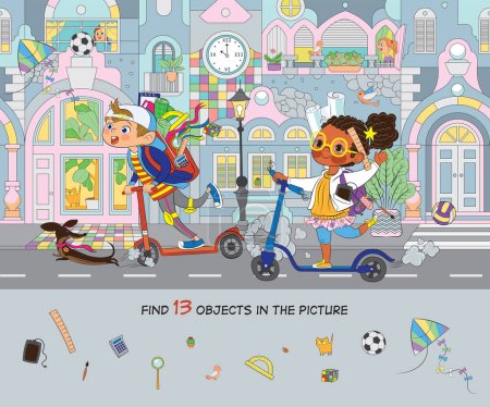 Finden Sie 13 Objekte auf dem Bild. Wimmelbild-Puzzle. Sorglos fahren Kinder mit dem Roller zur Schule. Vektorillustration. Lustige Zeichentrickfigur.