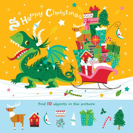 Foto de Encuentra 10 objetos en la imagen. Puzzle de objetos ocultos. El pequeño dragón verde alegre lleva muchos regalos para los niños. Ilustración vectorial para la tarjeta de Año Nuevo. Personaje divertido de dibujos animados. - Imagen libre de derechos
