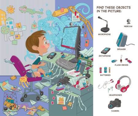 Hidden object puzzle. The child discovers the computer world. Vector illustration. Funny cartoon character.