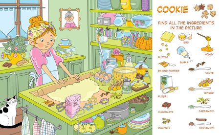 Finden Sie alle Zutaten für die Herstellung von Plätzchen auf dem Bild. Wimmelbild-Puzzle. Das Mädchen kocht in der Küche. Vektorillustration. Lustige Zeichentrickfigur.