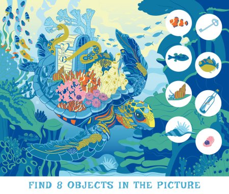 Find 8 objects in the picture. Hidden object puzzle. Huge sea turtle. Vector illustration.