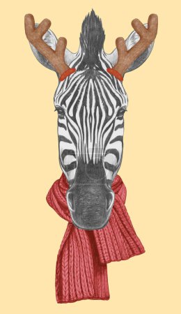 Photo for Portrait of Zebra with Christmas Antlers. Hand-drawn illustration. - Royalty Free Image