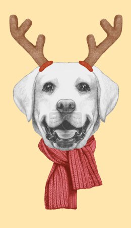 Photo for Portrait of Labrador with Christmas Antlers. Hand-drawn illustration. - Royalty Free Image